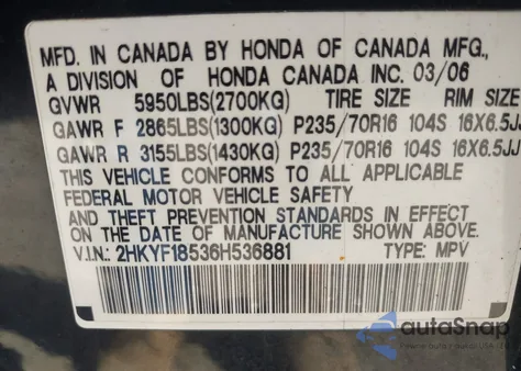 2006 Honda Pilot Ex-L from USA, damaged, VIN 2HKYF18536H536881